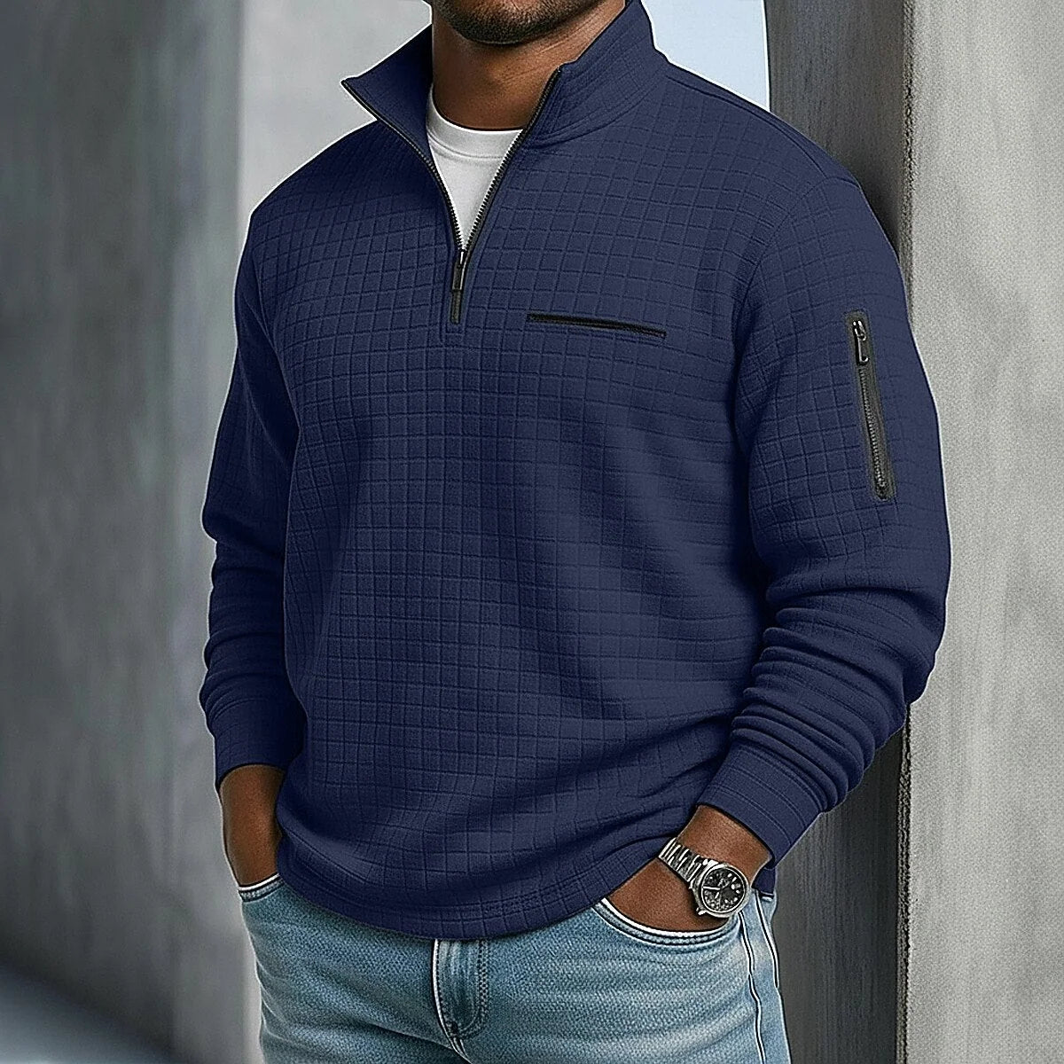 Quarter-Zip Polo Shirt Waffle Knit Long Sleeve Breathable