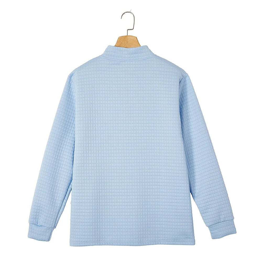 Quarter-Zip Polo Shirt Waffle Knit Long Sleeve Breathable