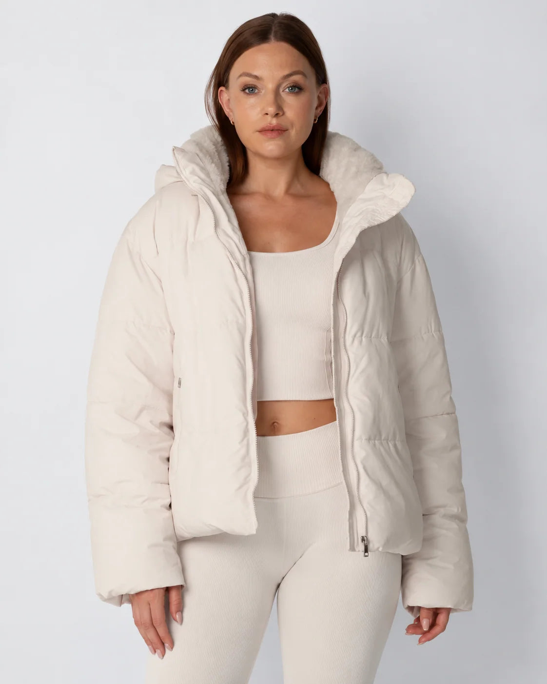 Quilted Jacket Teddy Fleece Lined Detachable Hood Cropped Fit