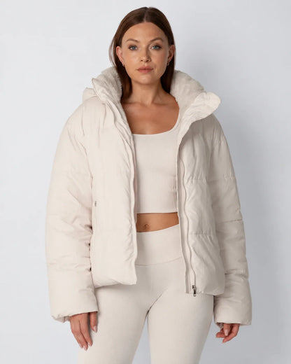 Quilted Jacket Teddy Fleece Lined Detachable Hood Cropped Fit