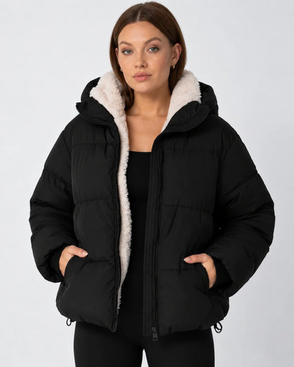 Quilted Jacket Teddy Fleece Lined Detachable Hood Cropped Fit