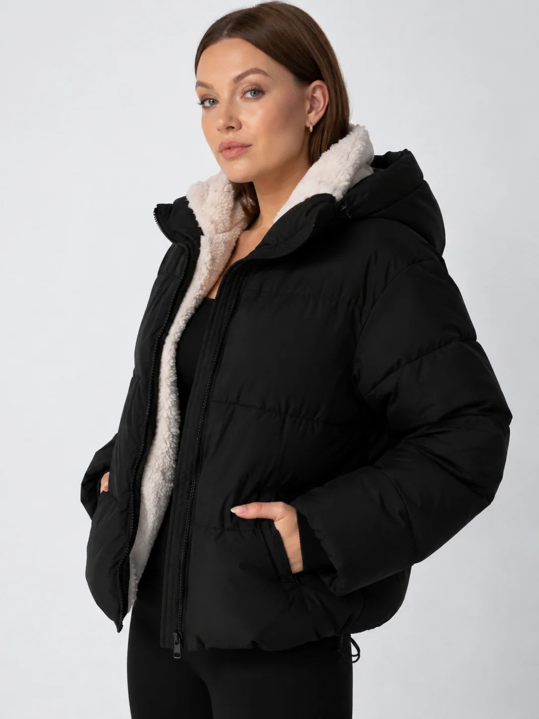 Quilted Jacket Teddy Fleece Lined Detachable Hood Cropped Fit