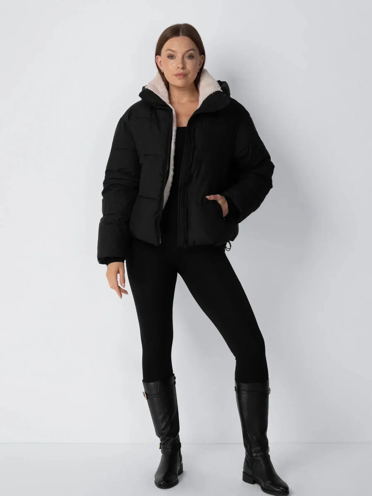 Quilted Jacket Teddy Fleece Lined Detachable Hood Cropped Fit