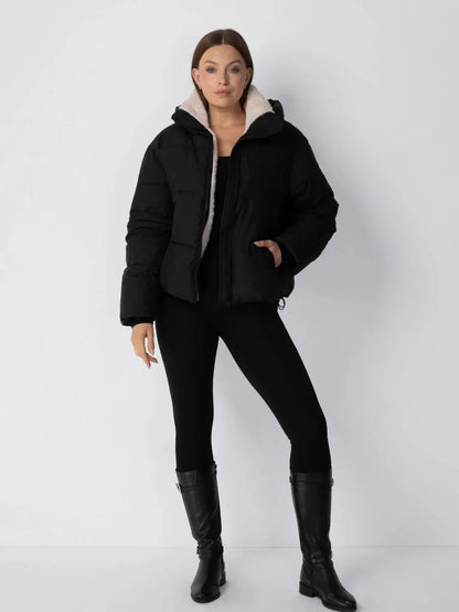 Quilted Jacket Teddy Fleece Lined Detachable Hood Cropped Fit
