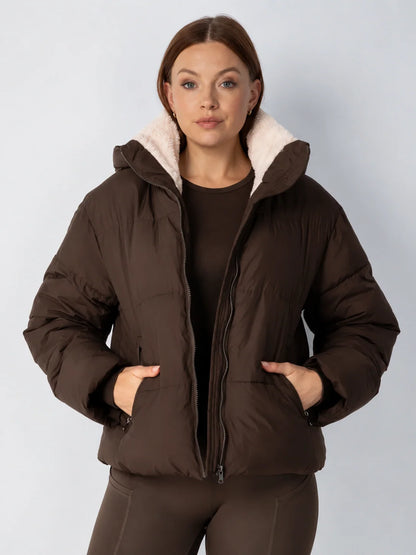 Quilted Jacket Teddy Fleece Lined Detachable Hood Cropped Fit