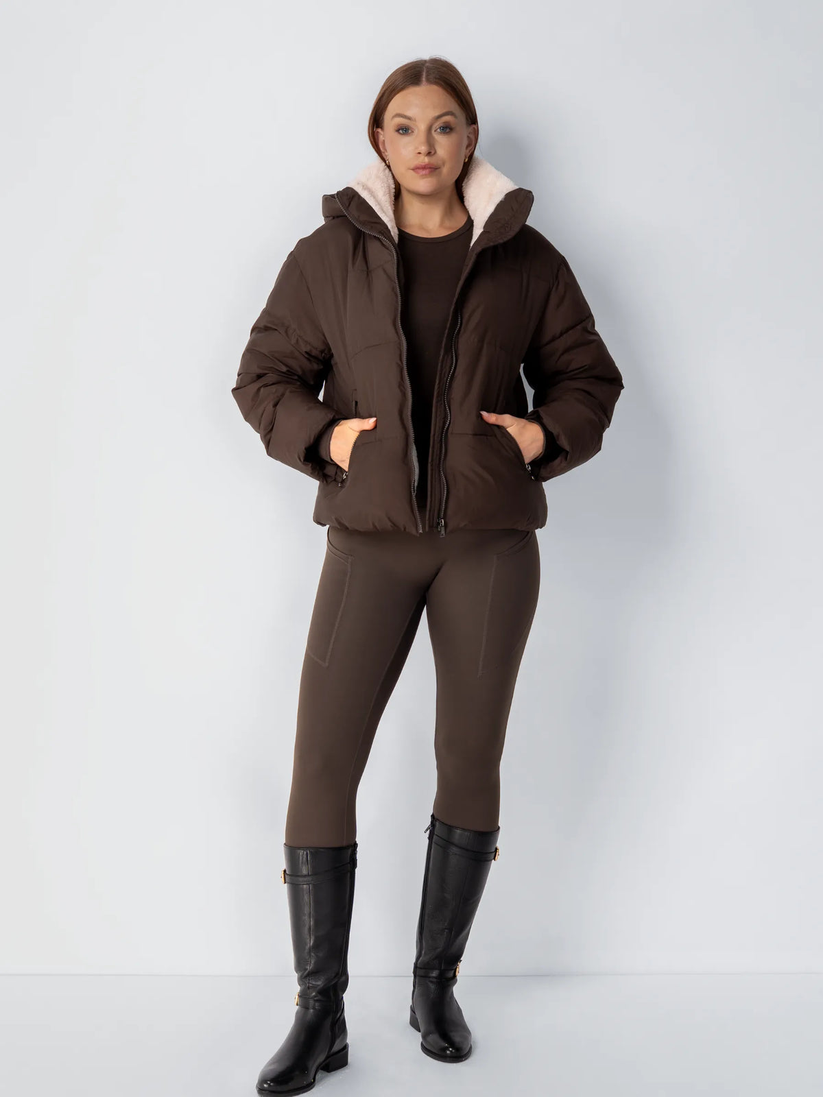 Quilted Jacket Teddy Fleece Lined Detachable Hood Cropped Fit