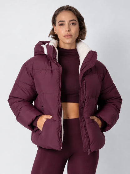 Quilted Jacket Teddy Fleece Lined Detachable Hood Cropped Fit