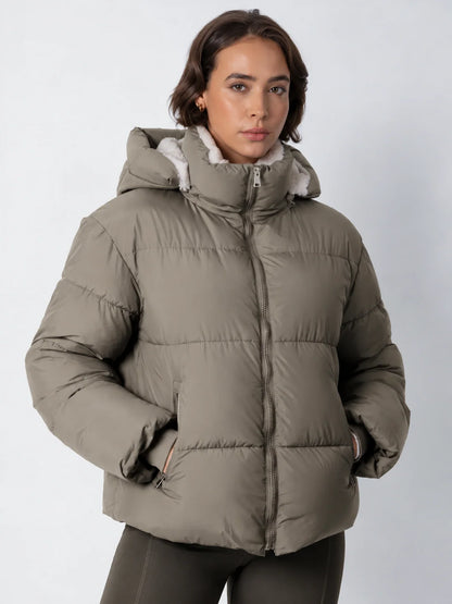 Quilted Jacket Teddy Fleece Lined Detachable Hood Cropped Fit