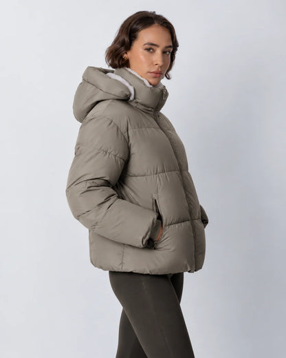 Quilted Jacket Teddy Fleece Lined Detachable Hood Cropped Fit