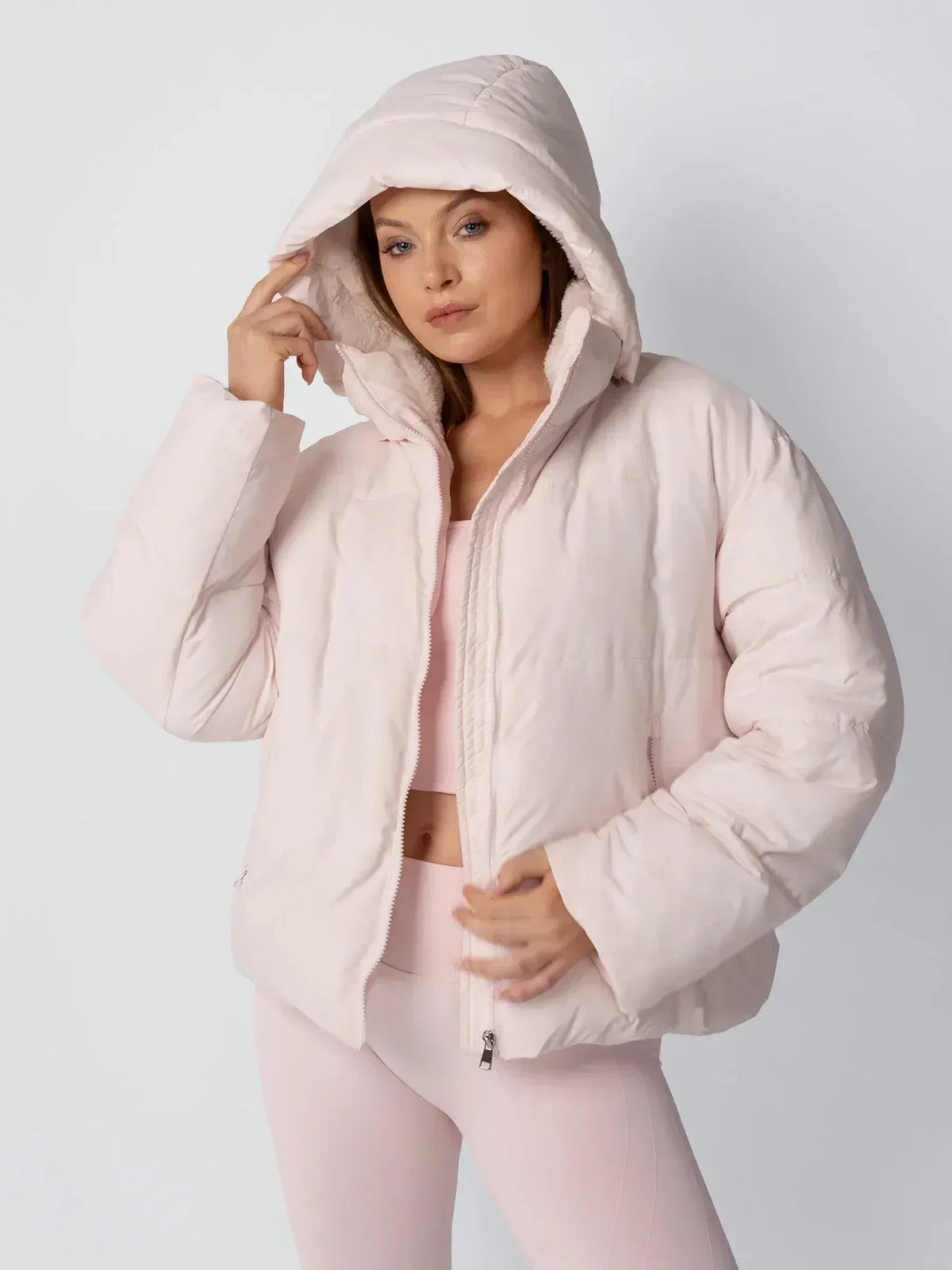 Quilted Jacket Teddy Fleece Lined Detachable Hood Cropped Fit