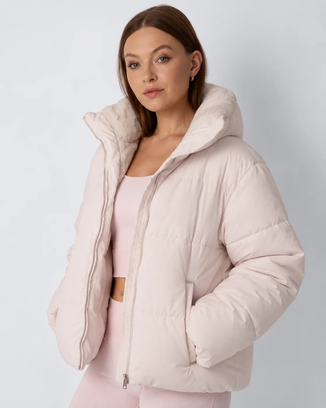 Quilted Jacket Teddy Fleece Lined Detachable Hood Cropped Fit