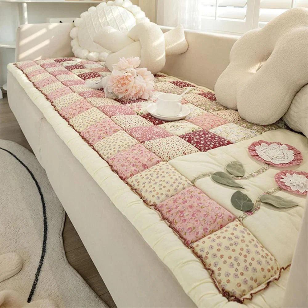 Quilted Sofa Cover Floral Patchwork Breathable Microfiber