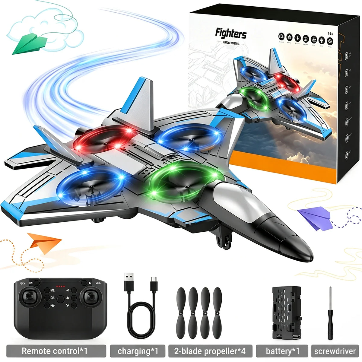 RC Fighter Jet Toy 360° Stunts LED Lights Shock-Resistant