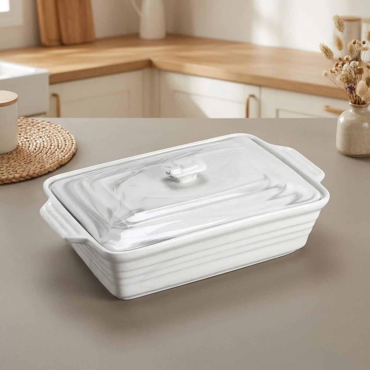 Rectangular Casserole Dish Glazed Porcelain Lid Oven Safe