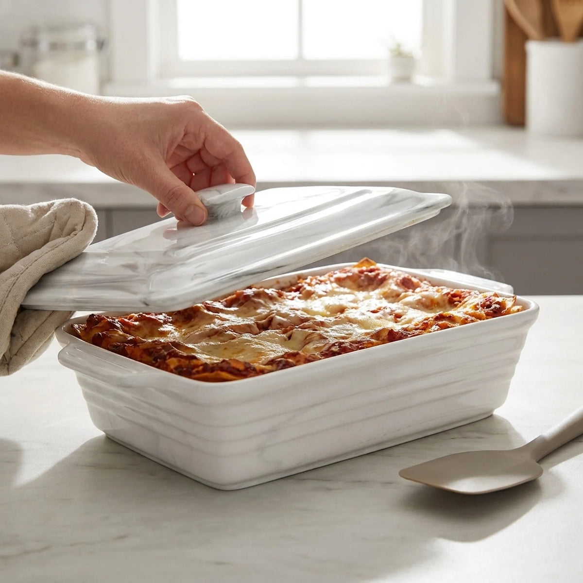 Rectangular Casserole Dish Glazed Porcelain Lid Oven Safe