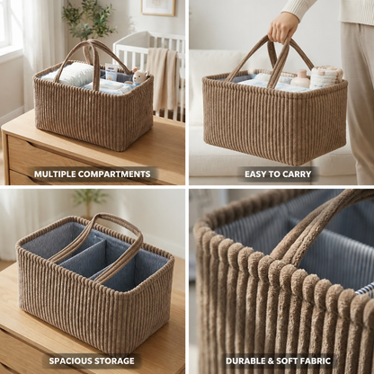 Rectangular Organizer Multiple Compartments Stitched Handles & Ribbed Fabric