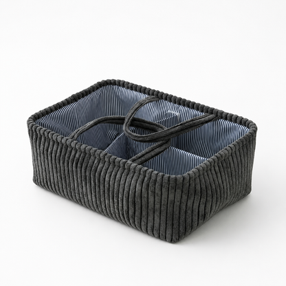 Rectangular Organizer Multiple Compartments Stitched Handles & Ribbed Fabric