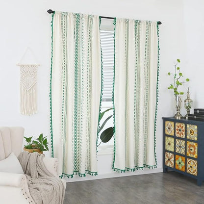 Rod Pocket Curtain Green Stripe & Tassel Soft Microfiber Machine Washable