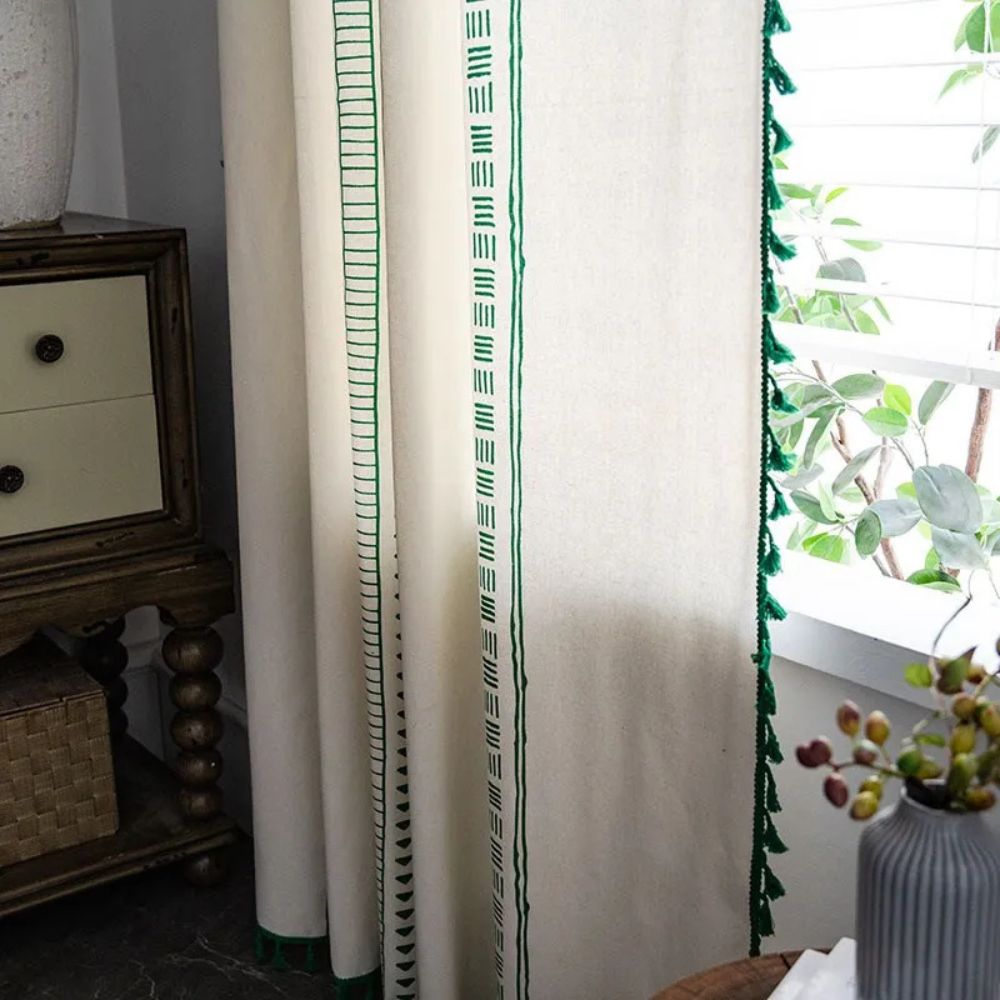 Rod Pocket Curtain Green Stripe & Tassel Soft Microfiber Machine Washable