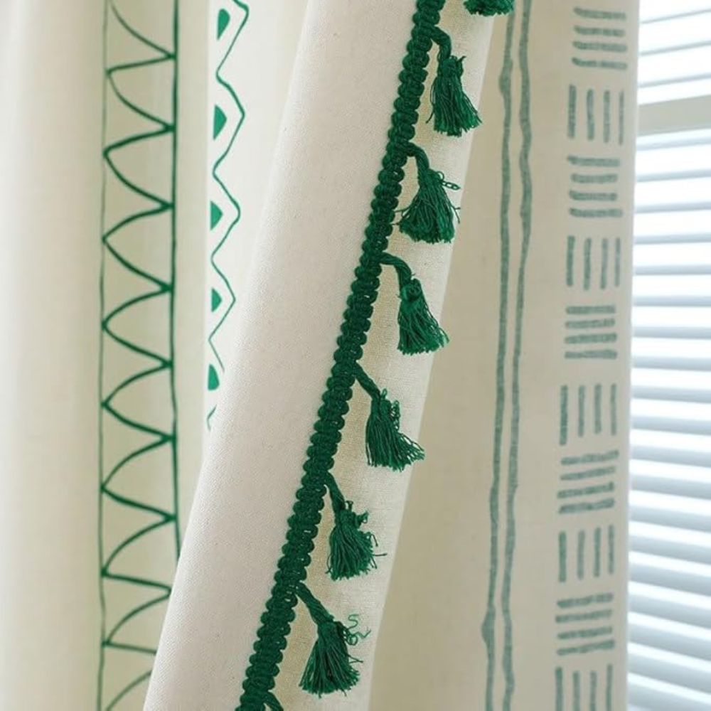 Rod Pocket Curtain Green Stripe & Tassel Soft Microfiber Machine Washable