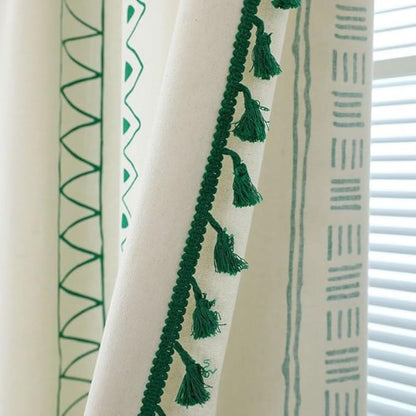 Rod Pocket Curtain Green Stripe & Tassel Soft Microfiber Machine Washable