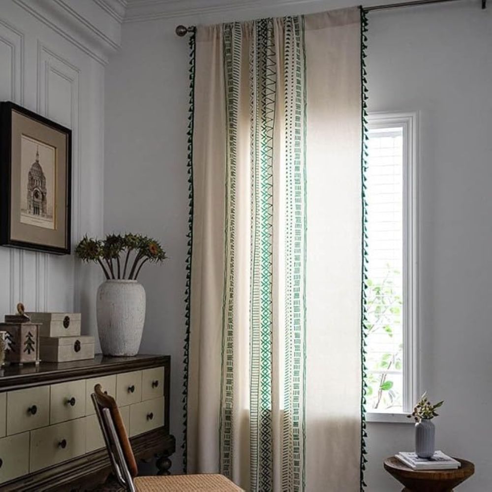 Rod Pocket Curtain Green Stripe & Tassel Soft Microfiber Machine Washable