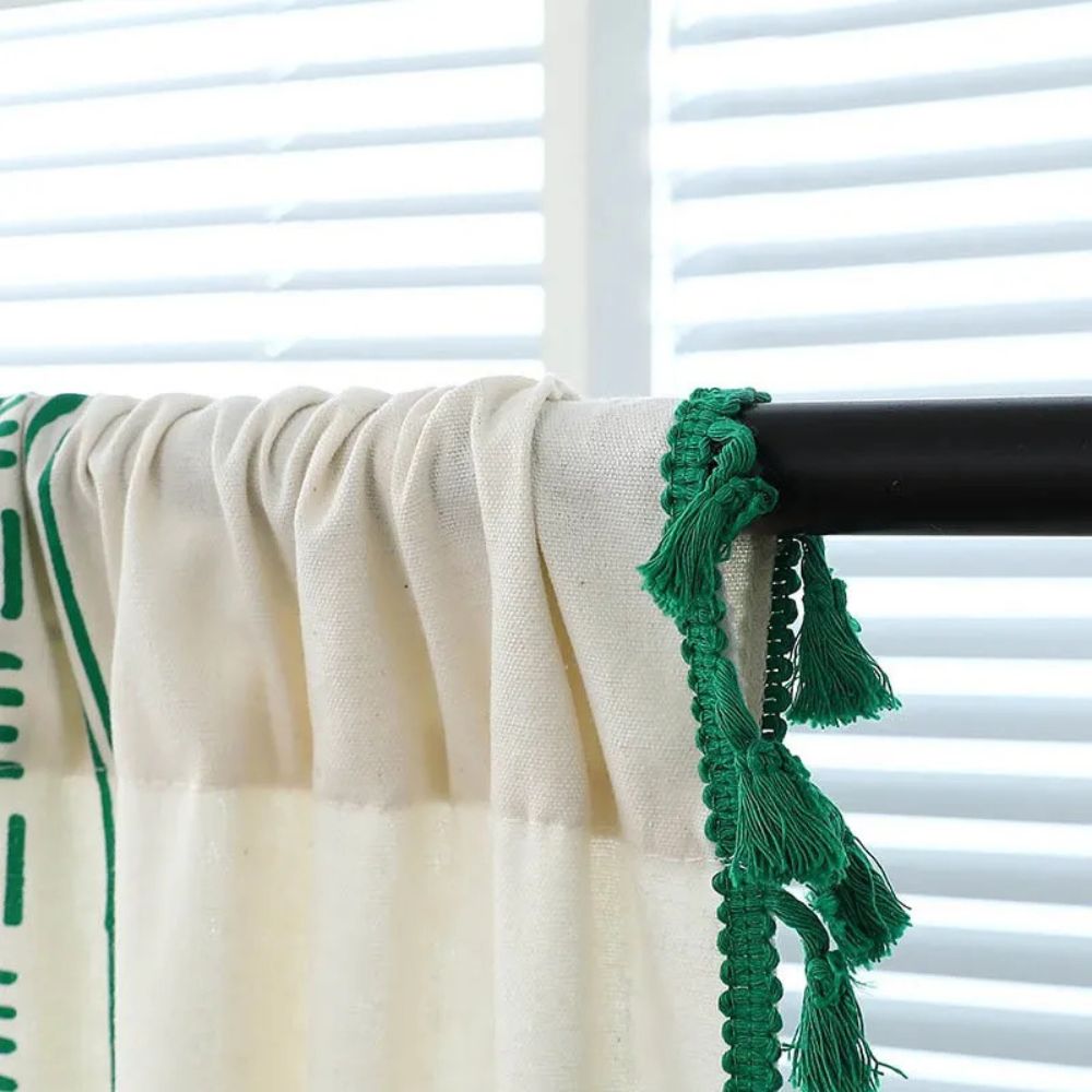 Rod Pocket Curtain Green Stripe & Tassel Soft Microfiber Machine Washable