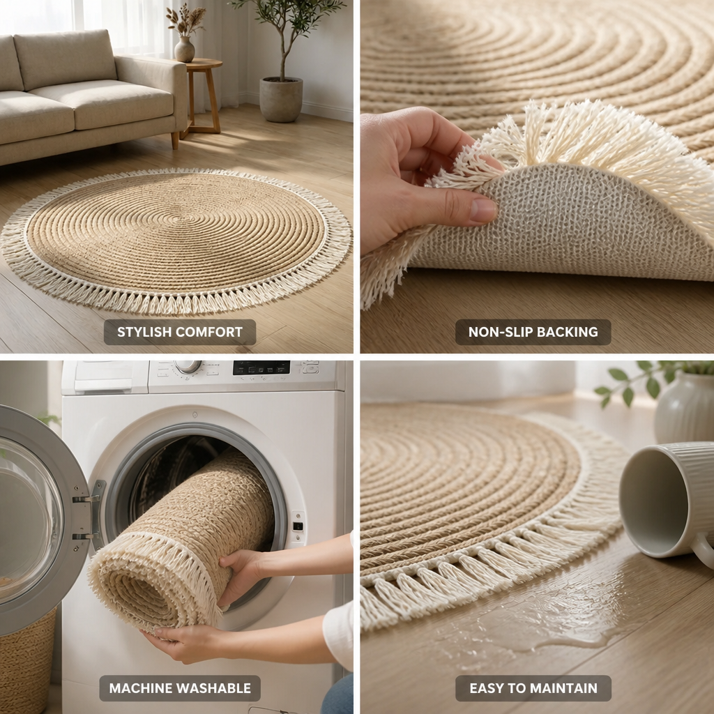 Round Braided Rug Non-Slip Backing Machine Washable