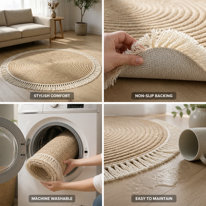 Round Braided Rug Non-Slip Backing Machine Washable