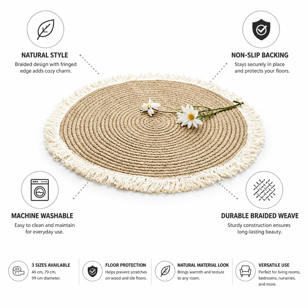 Round Braided Rug Non-Slip Backing Machine Washable