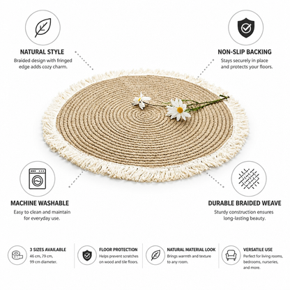 Round Braided Rug Non-Slip Backing Machine Washable