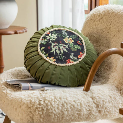 Round Cushion Retro Floral Microfiber Zip-Off Cover