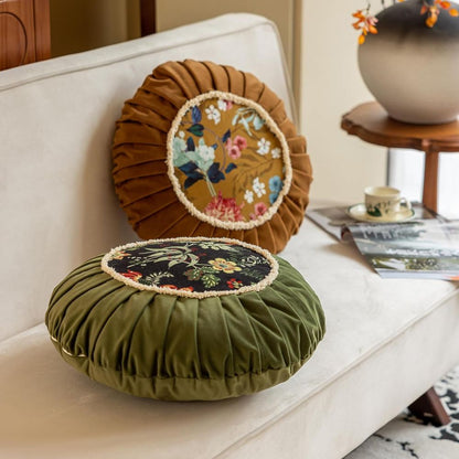 Round Cushion Retro Floral Microfiber Zip-Off Cover