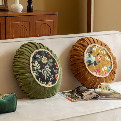 Round Cushion Retro Floral Microfiber Zip-Off Cover