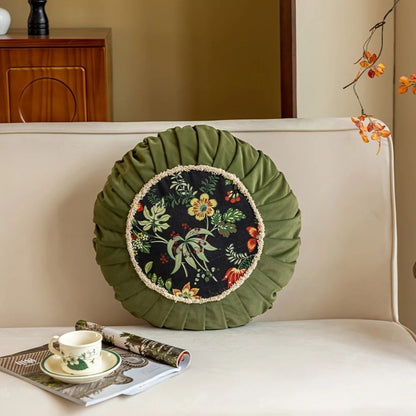 Round Cushion Retro Floral Microfiber Zip-Off Cover
