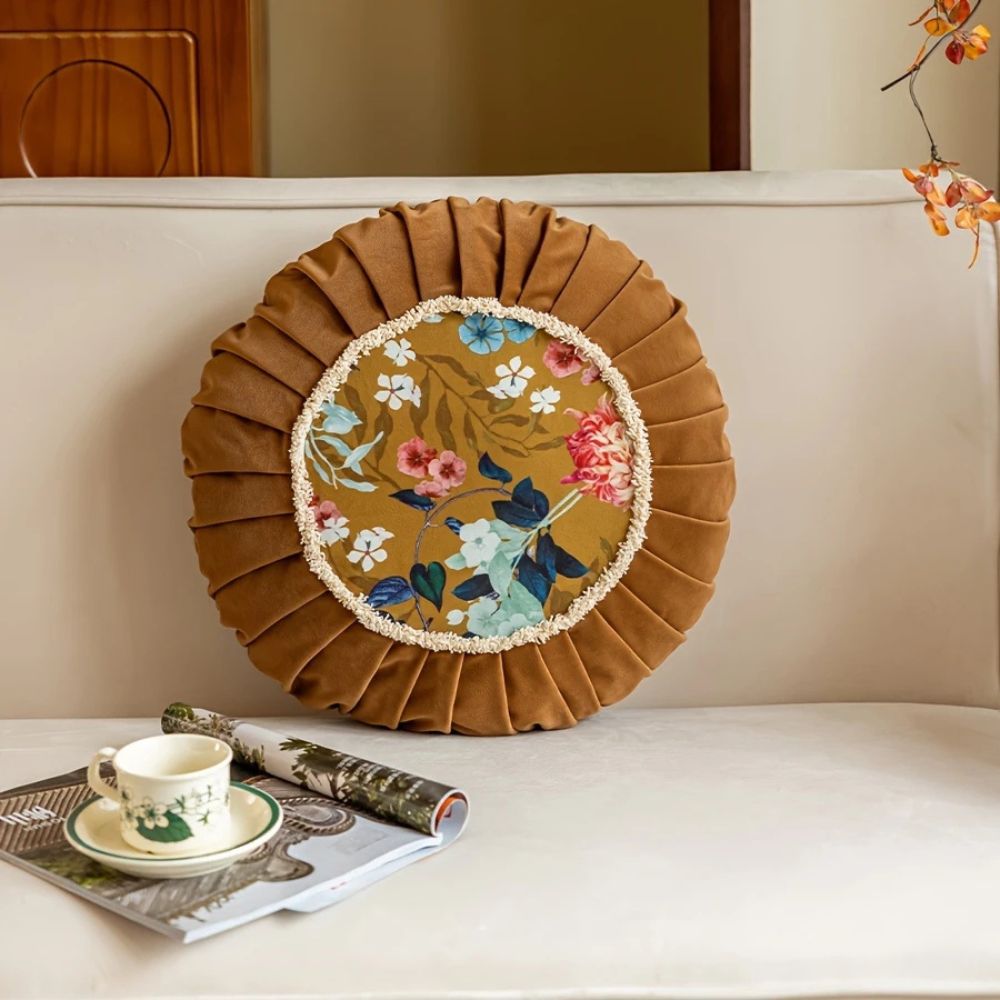 Round Cushion Retro Floral Microfiber Zip-Off Cover