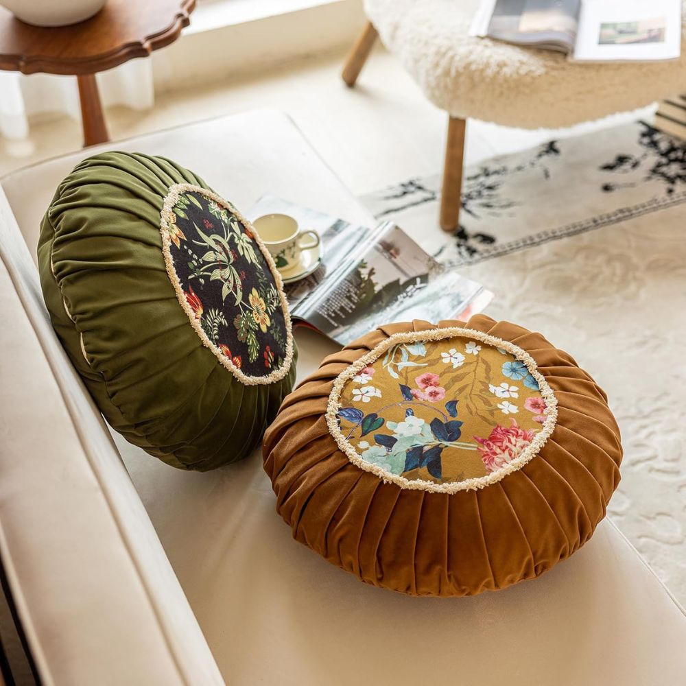 Round Cushion Retro Floral Microfiber Zip-Off Cover