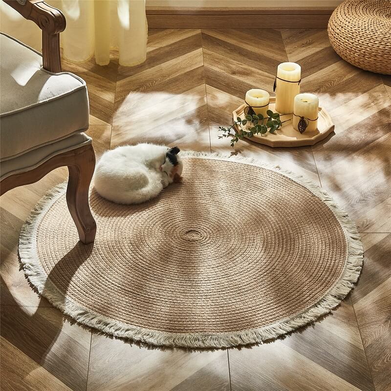 Round Jute Rug Handwoven Braided Reversible Low-Shedding