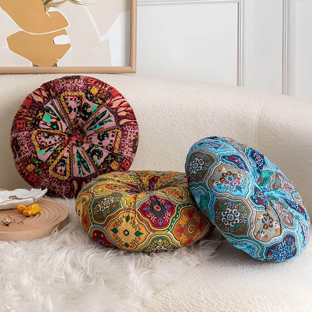Round Seat Cushion Boho Geometric Microfiber Machine Washable