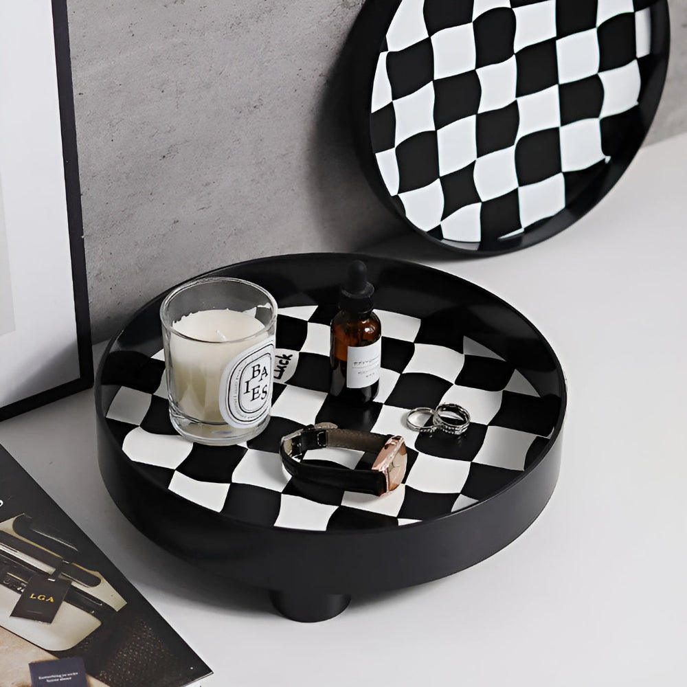 Round Storage Tray Checkerboard Design For Makeup & Jewelry