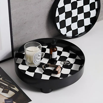 Round Storage Tray Checkerboard Design For Makeup & Jewelry