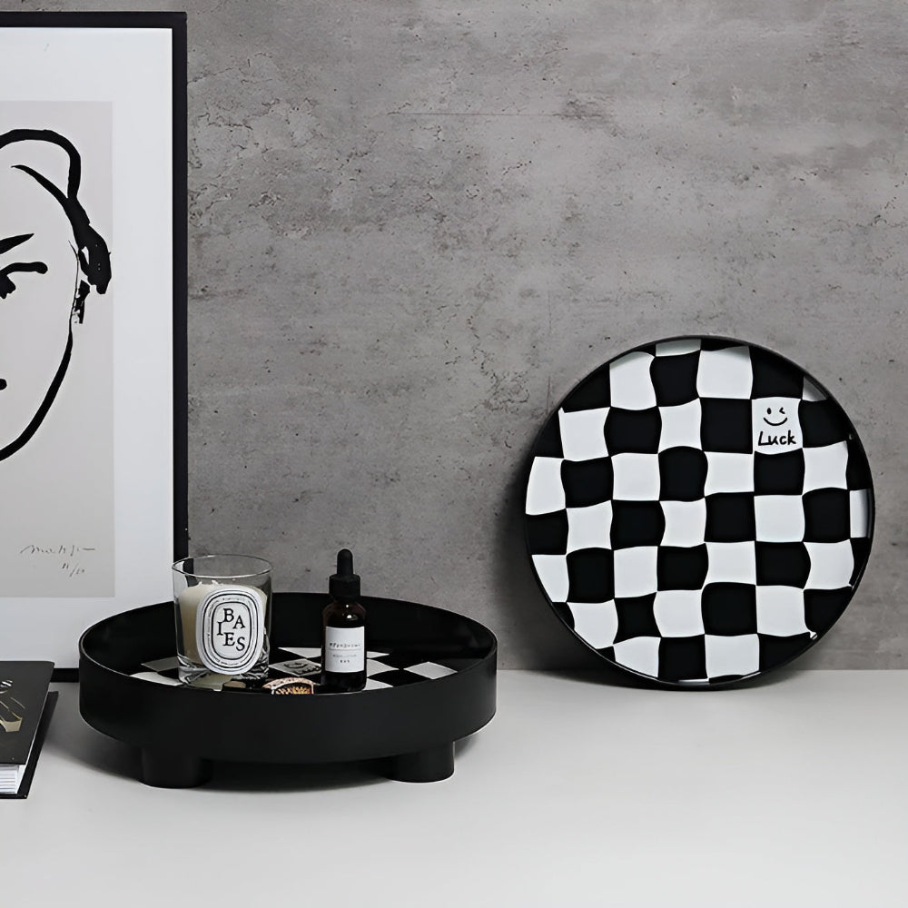 Round Storage Tray Checkerboard Design For Makeup & Jewelry