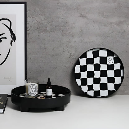 Round Storage Tray Checkerboard Design For Makeup & Jewelry