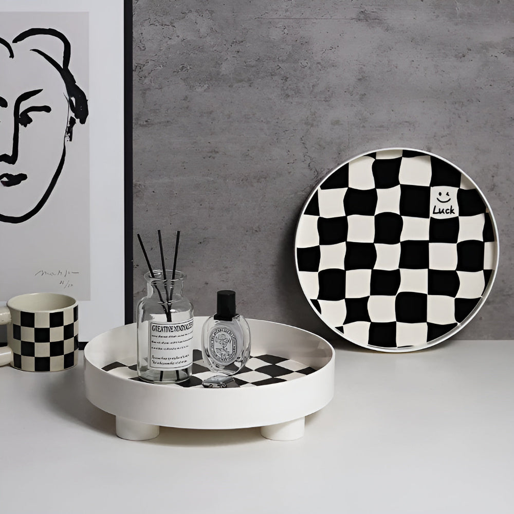 Round Storage Tray Checkerboard Design For Makeup & Jewelry