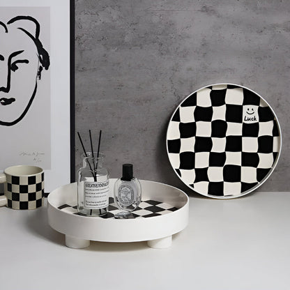 Round Storage Tray Checkerboard Design For Makeup & Jewelry