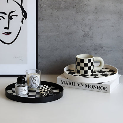 Round Storage Tray Checkerboard Design For Makeup & Jewelry