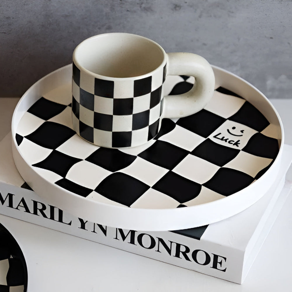 Round Storage Tray Checkerboard Design For Makeup & Jewelry
