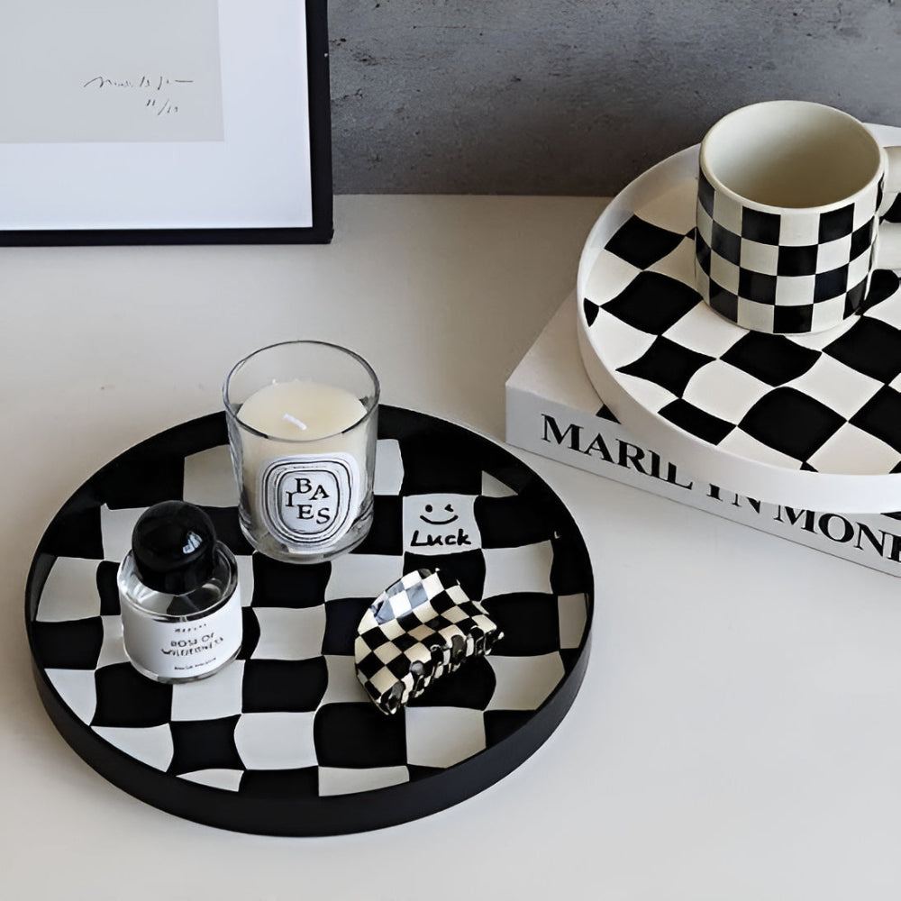 Round Storage Tray Checkerboard Design For Makeup & Jewelry