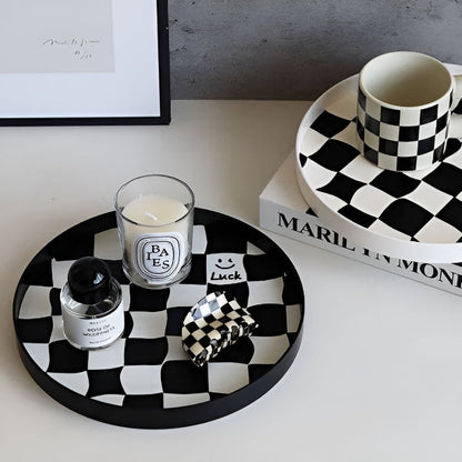 Round Storage Tray Checkerboard Design For Makeup & Jewelry