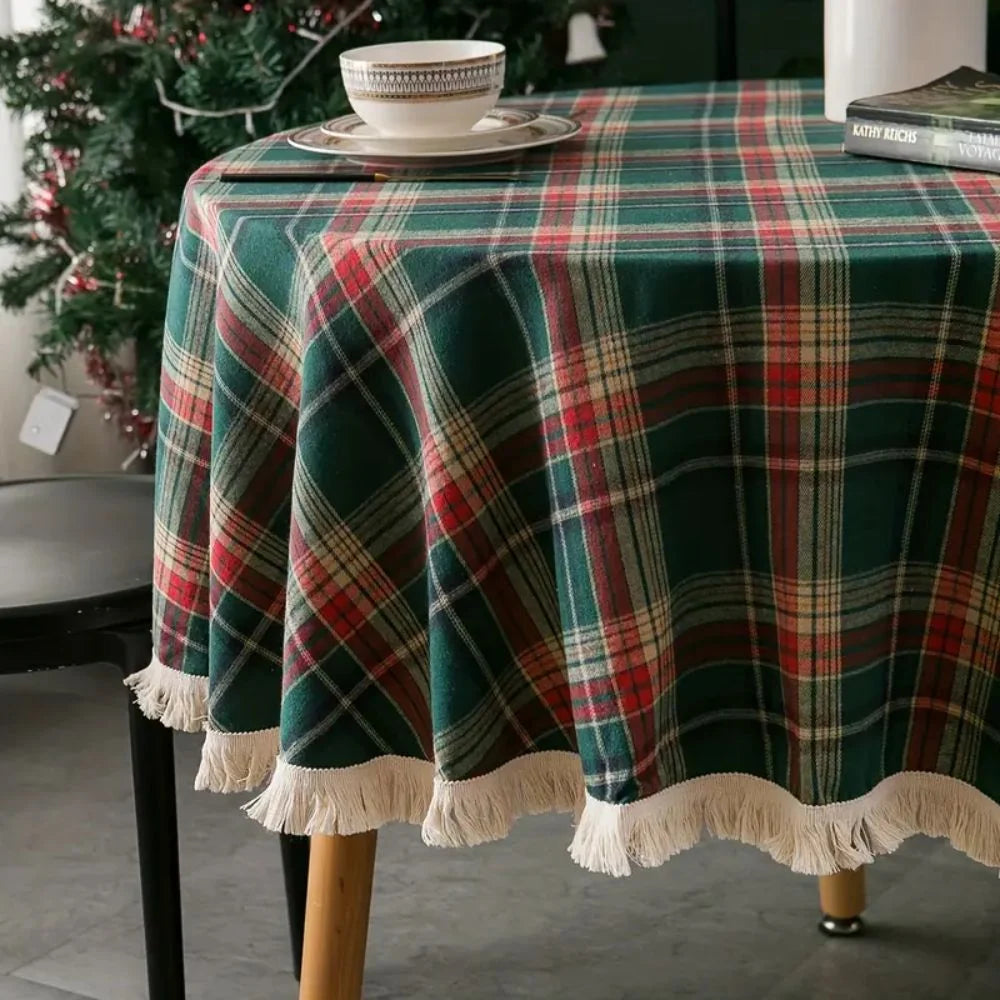 Round Tablecloth Microfiber Classic Plaid Tasselled Edges